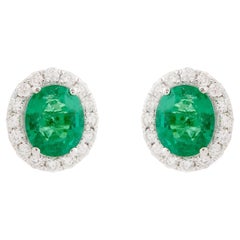 Oval Zambian Emerald Gemstone Stud Earrings Diamond 14 Karat White Gold Jewelry