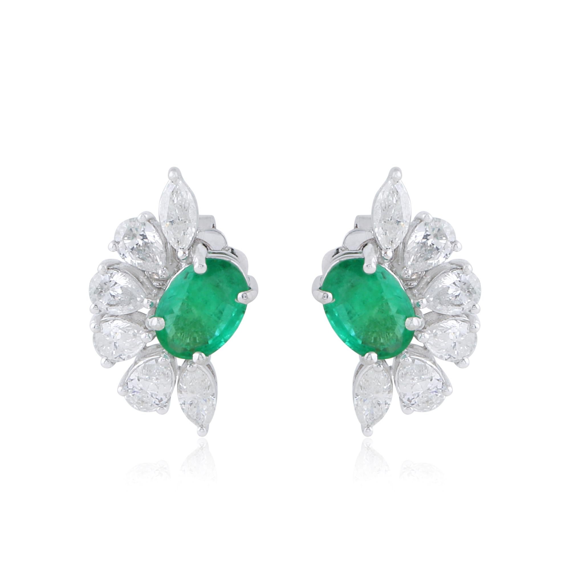 Modern Oval Natural Emerald Gemstone Stud Earrings Diamond 14k White Gold Fine Jewelry For Sale