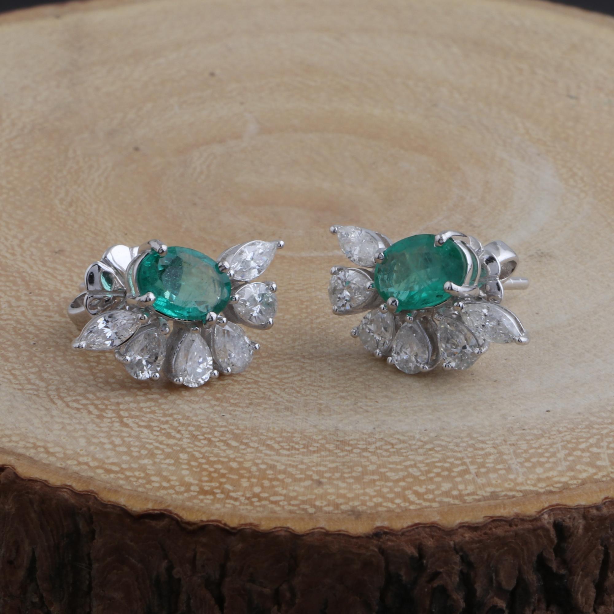 Oval Cut Oval Natural Emerald Gemstone Stud Earrings Diamond 14k White Gold Fine Jewelry For Sale