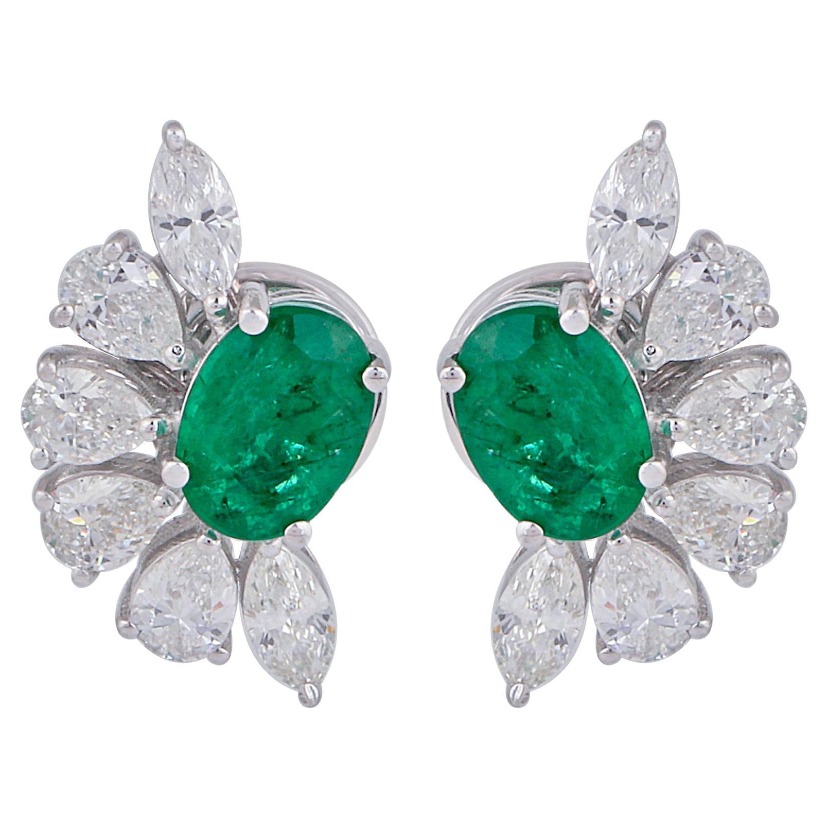 Oval Natural Emerald Gemstone Stud Earrings Diamond 14k White Gold Fine Jewelry