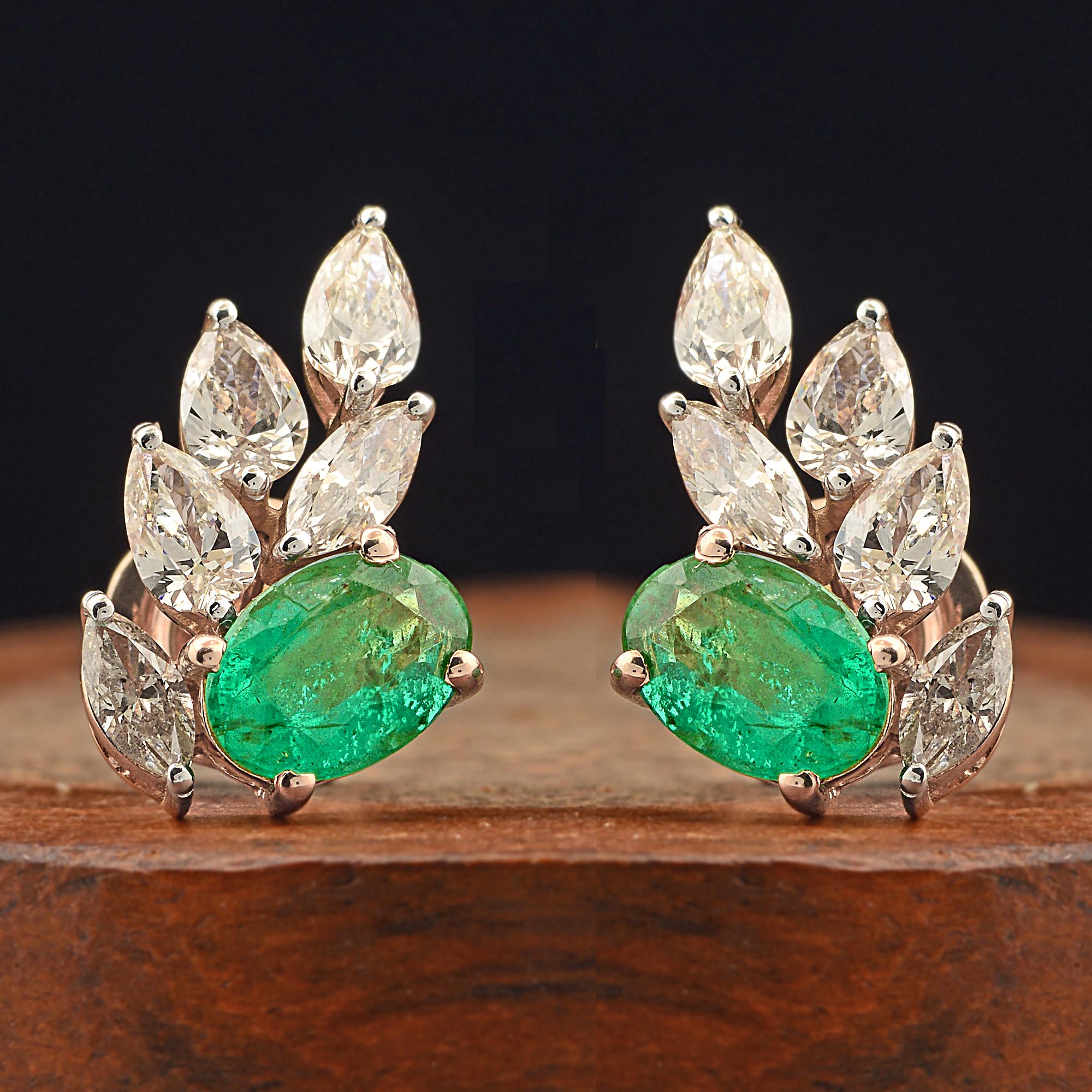 Oval Cut Oval Zambian Emerald Gemstone Stud Earrings Diamond 18 Karat Rose Gold Jewelry For Sale