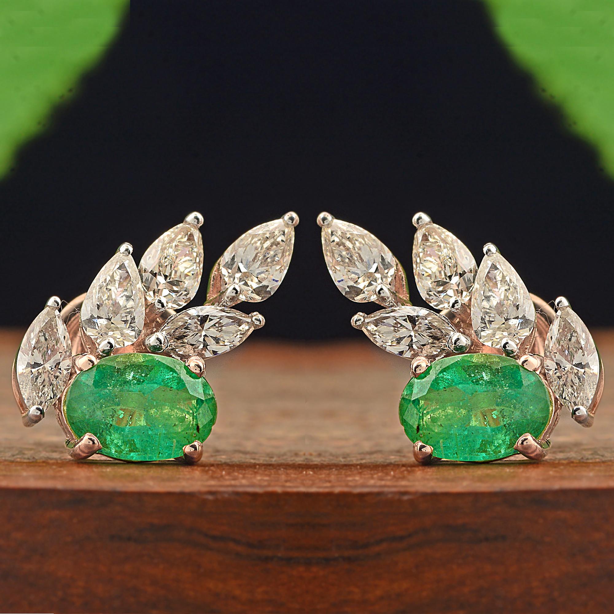 Women's Oval Zambian Emerald Gemstone Stud Earrings Diamond 18 Karat Rose Gold Jewelry For Sale