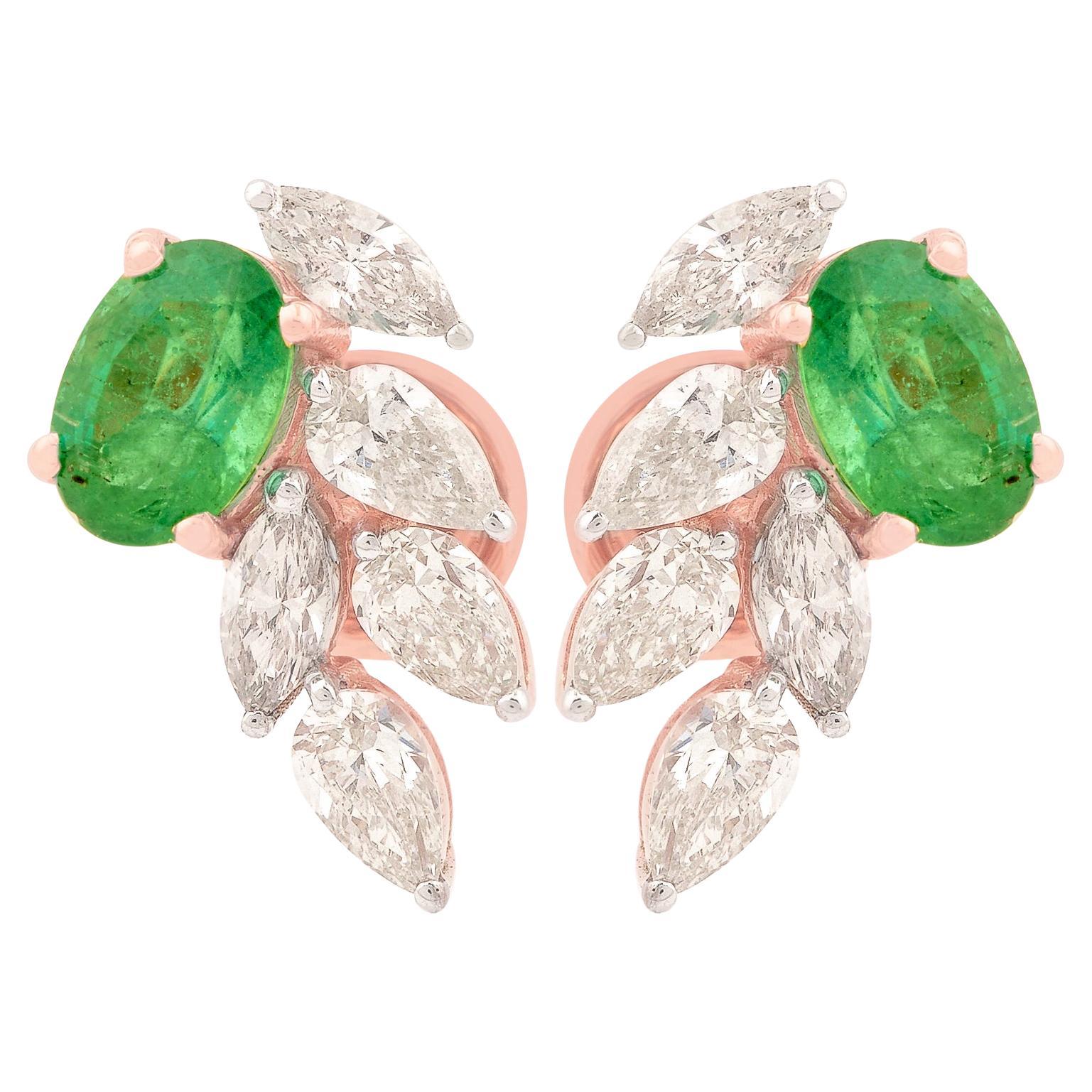 Oval Zambian Emerald Gemstone Stud Earrings Diamond 18 Karat Rose Gold Jewelry