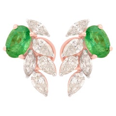 Oval Zambian Emerald Gemstone Stud Earrings Diamond 18 Karat Rose Gold Jewelry