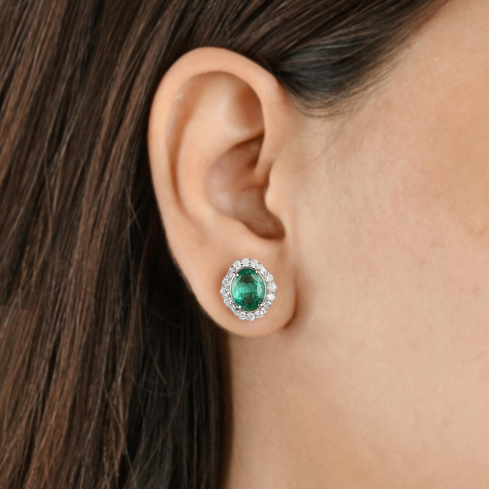 Modern Oval Natural Emerald Gemstone Stud Earrings Diamond 18 Karat White Gold Jewelry For Sale