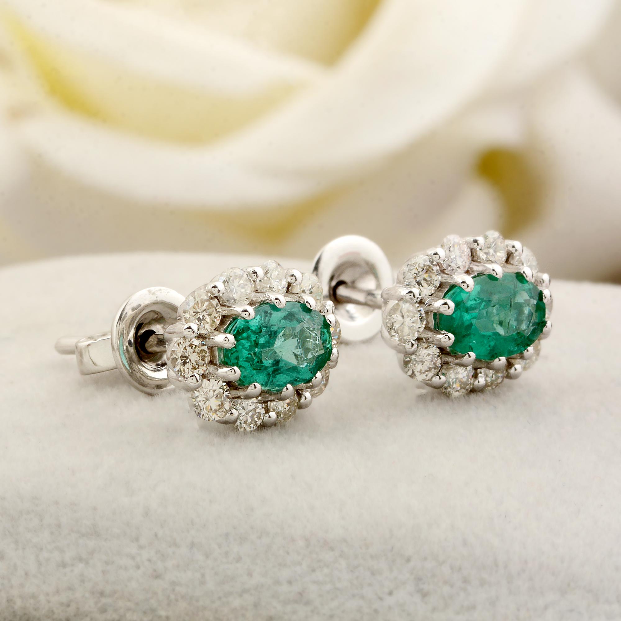 Modern Oval Zambian Emerald Gemstone Stud Earrings Diamond 18 Karat White Gold Jewelry For Sale