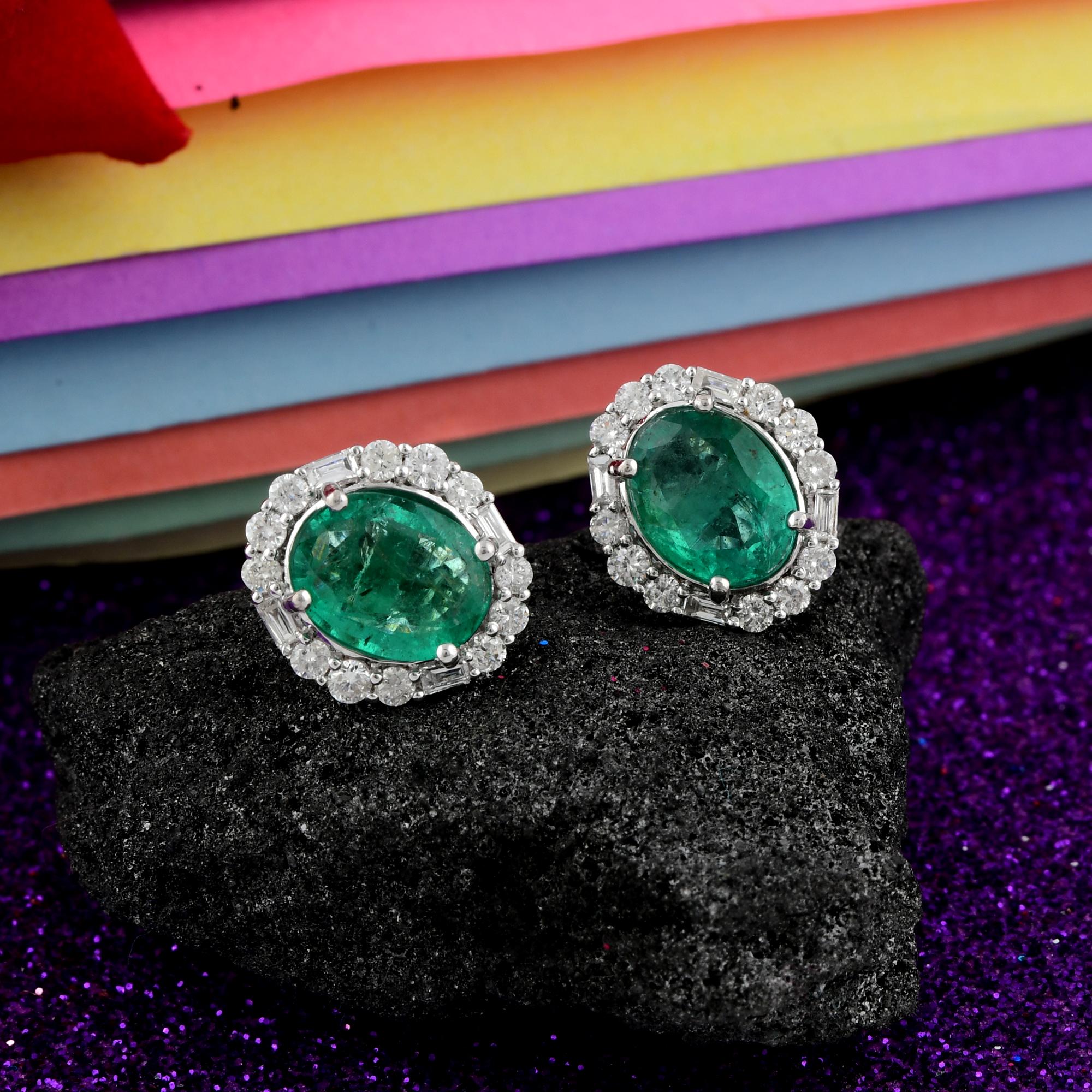 Oval Cut Oval Natural Emerald Gemstone Stud Earrings Diamond 18 Karat White Gold Jewelry For Sale