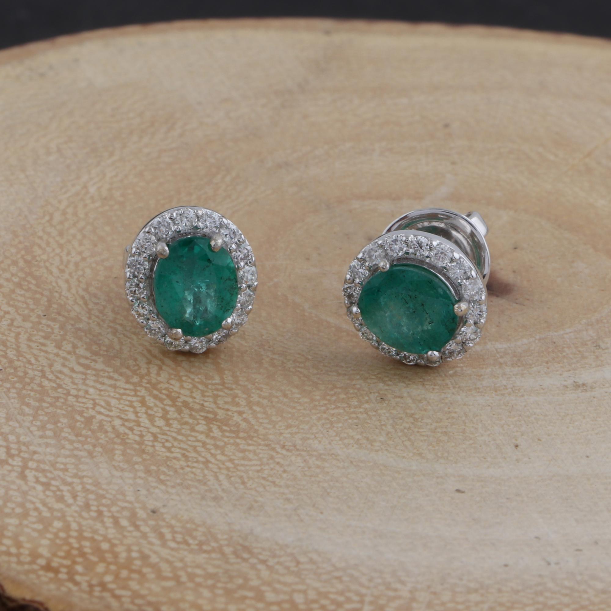 Women's Real Oval Zambia Emerald Gemstone Earrings Diamond 18 Karat White Gold Jewelry For Sale