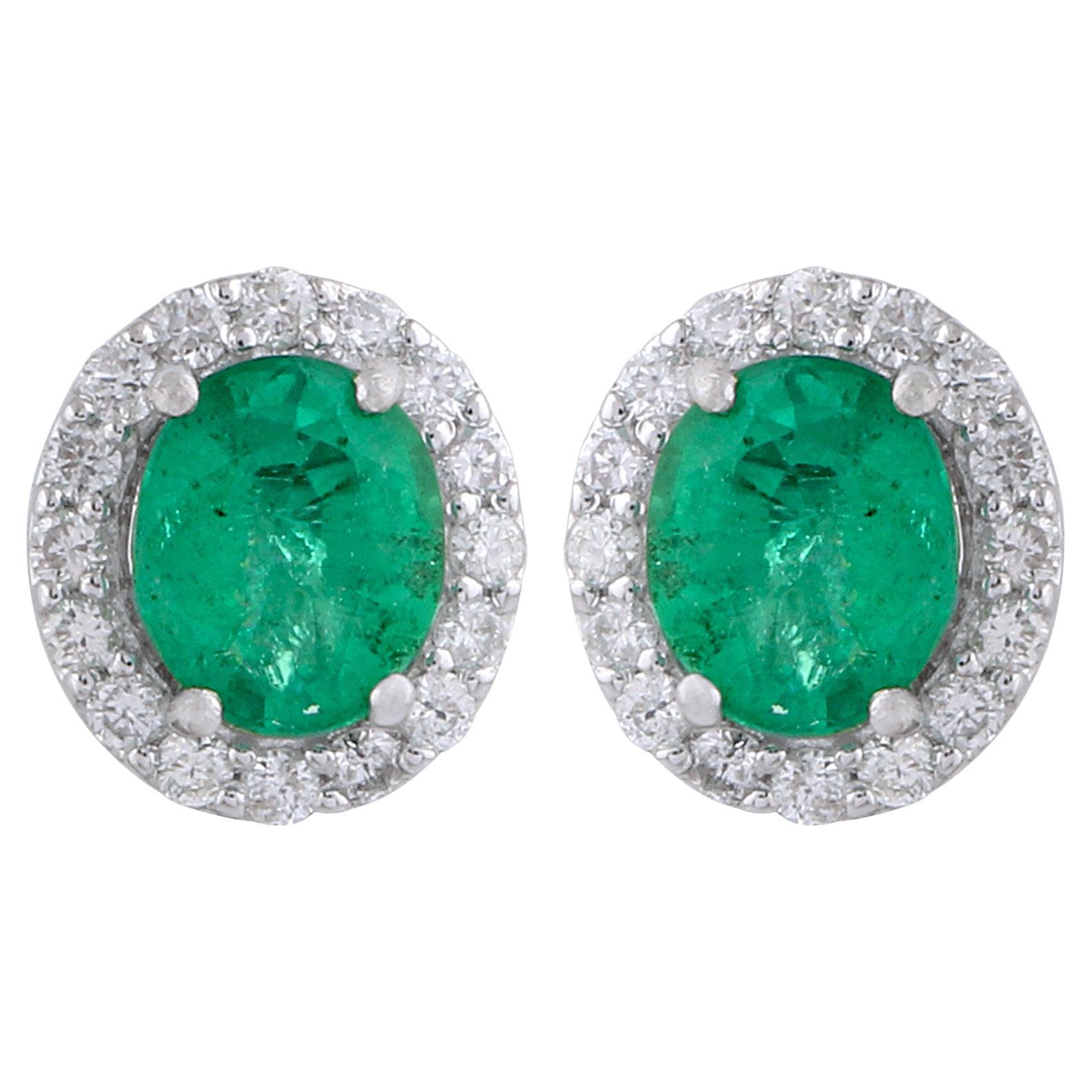 Real Oval Zambia Emerald Gemstone Earrings Diamond 18 Karat White Gold Jewelry