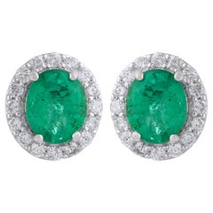 Oval Zambian Emerald Gemstone Stud Earrings Diamond 18 Karat White Gold Jewelry