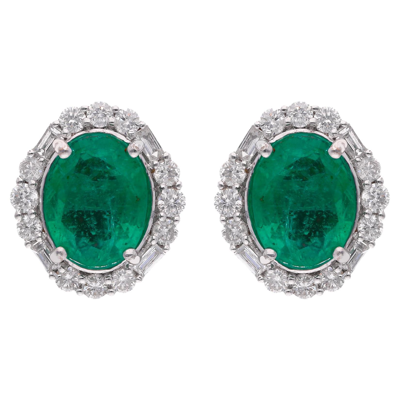 Oval Emerald Gemstone Earrings Diamond 18 Karat White Gold Handmade ...