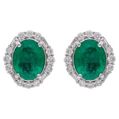 Oval Natural Emerald Gemstone Stud Earrings Diamond 18 Karat White Gold Jewelry