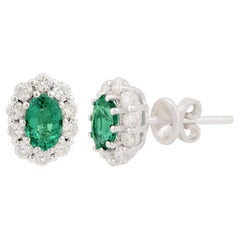 Oval Zambian Emerald Gemstone Stud Earrings Diamond 18 Karat White Gold Jewelry