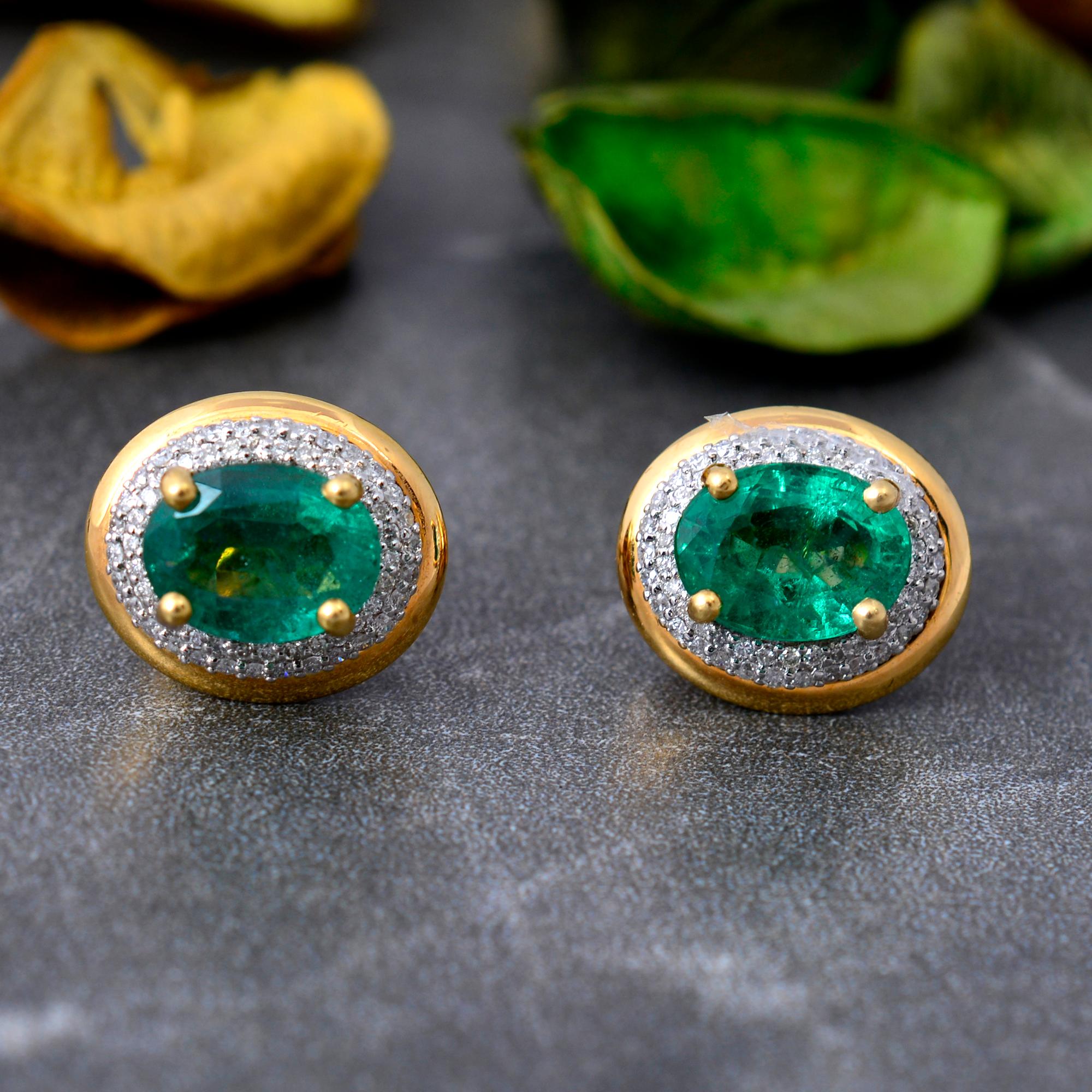 Oval Cut Oval Natural Emerald Gemstone Stud Earrings Diamond Pave 18 Karat Yellow Gold For Sale