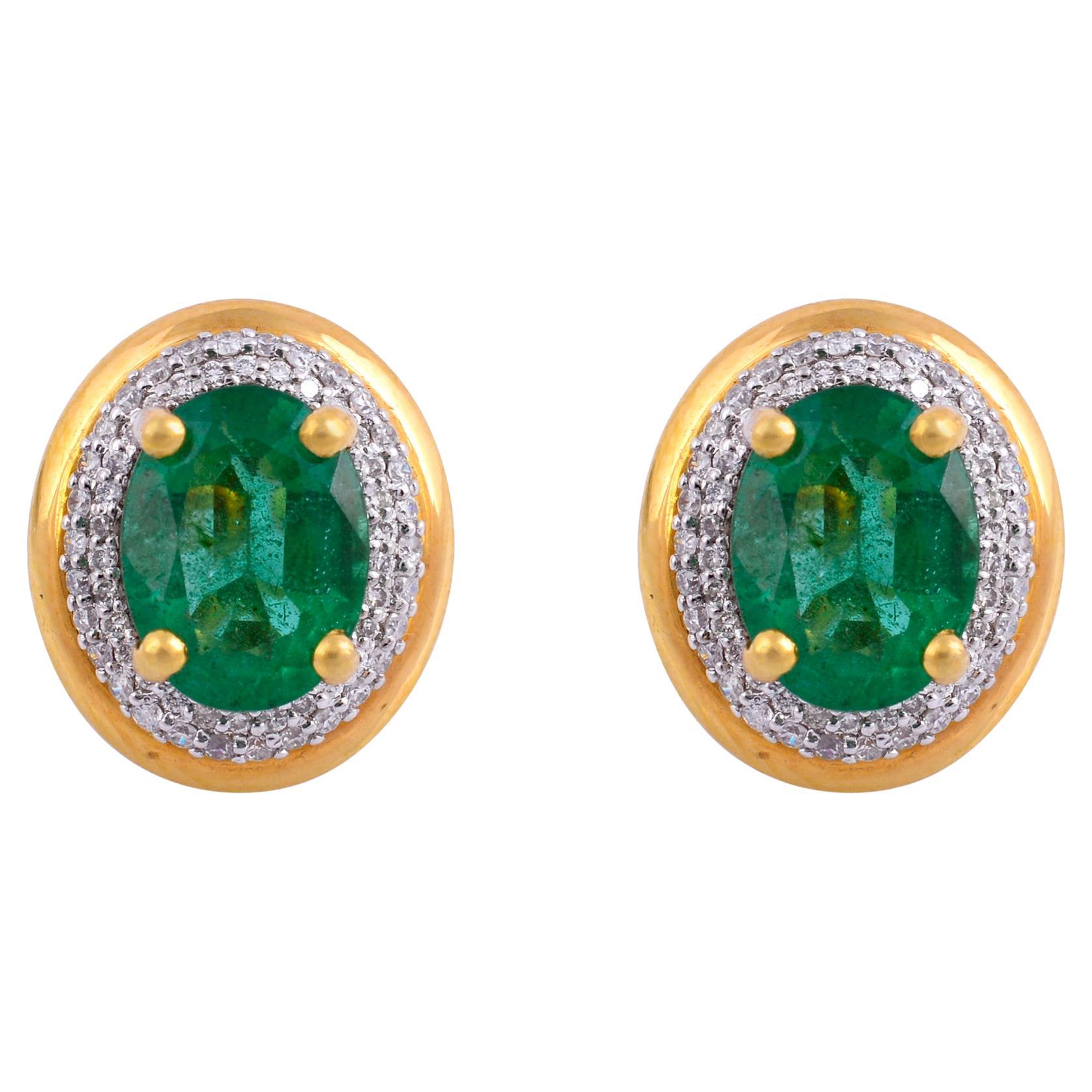 Oval Natural Emerald Gemstone Stud Earrings Diamond Pave 18 Karat Yellow Gold