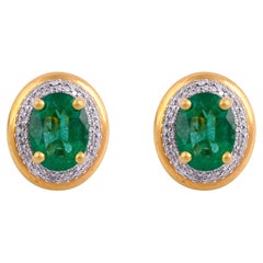 Oval Natural Emerald Gemstone Stud Earrings Diamond Pave 18 Karat Yellow Gold
