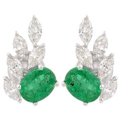 Oval Zambian Emerald Gemstone Stud Earrings Diamond Solid 18k White Gold Jewelry