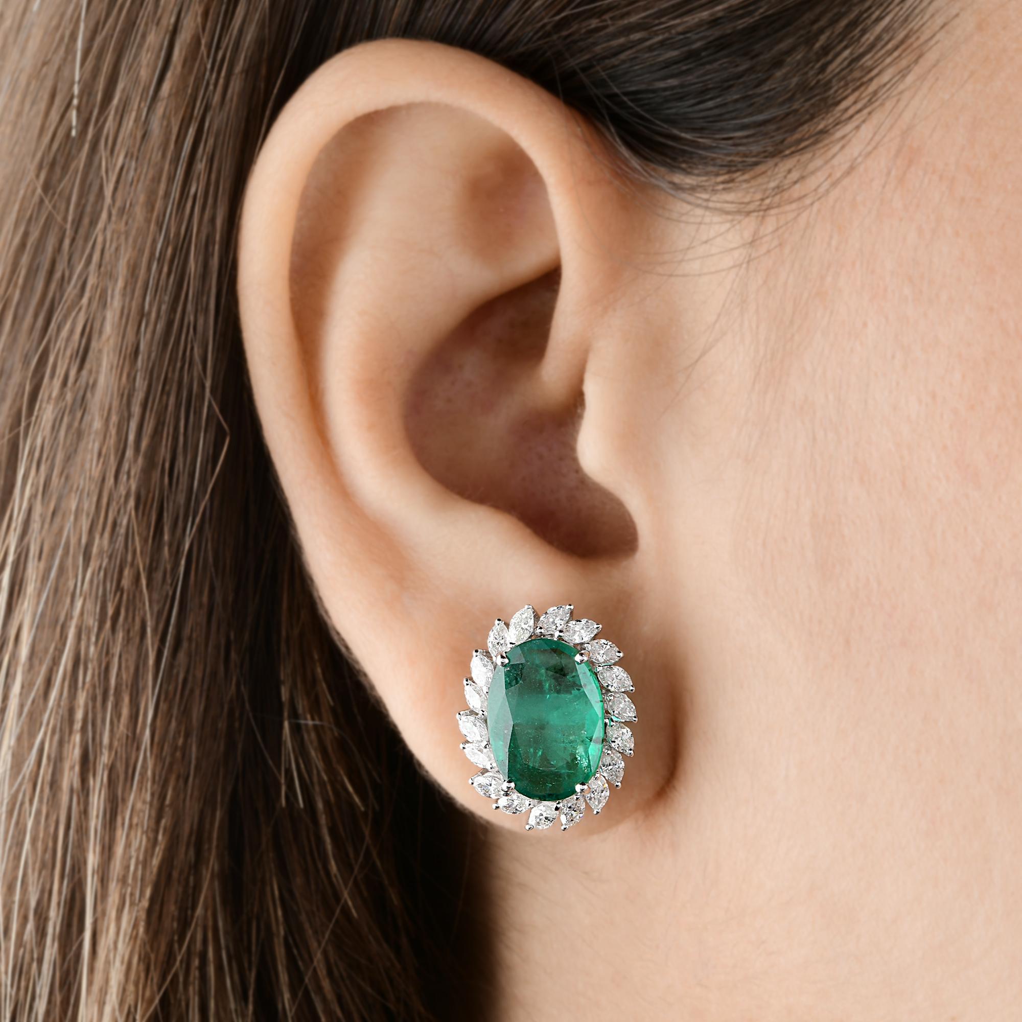 Modern Oval Natural Emerald Gemstone Stud Earrings Marquise Diamond 18 Karat White Gold For Sale