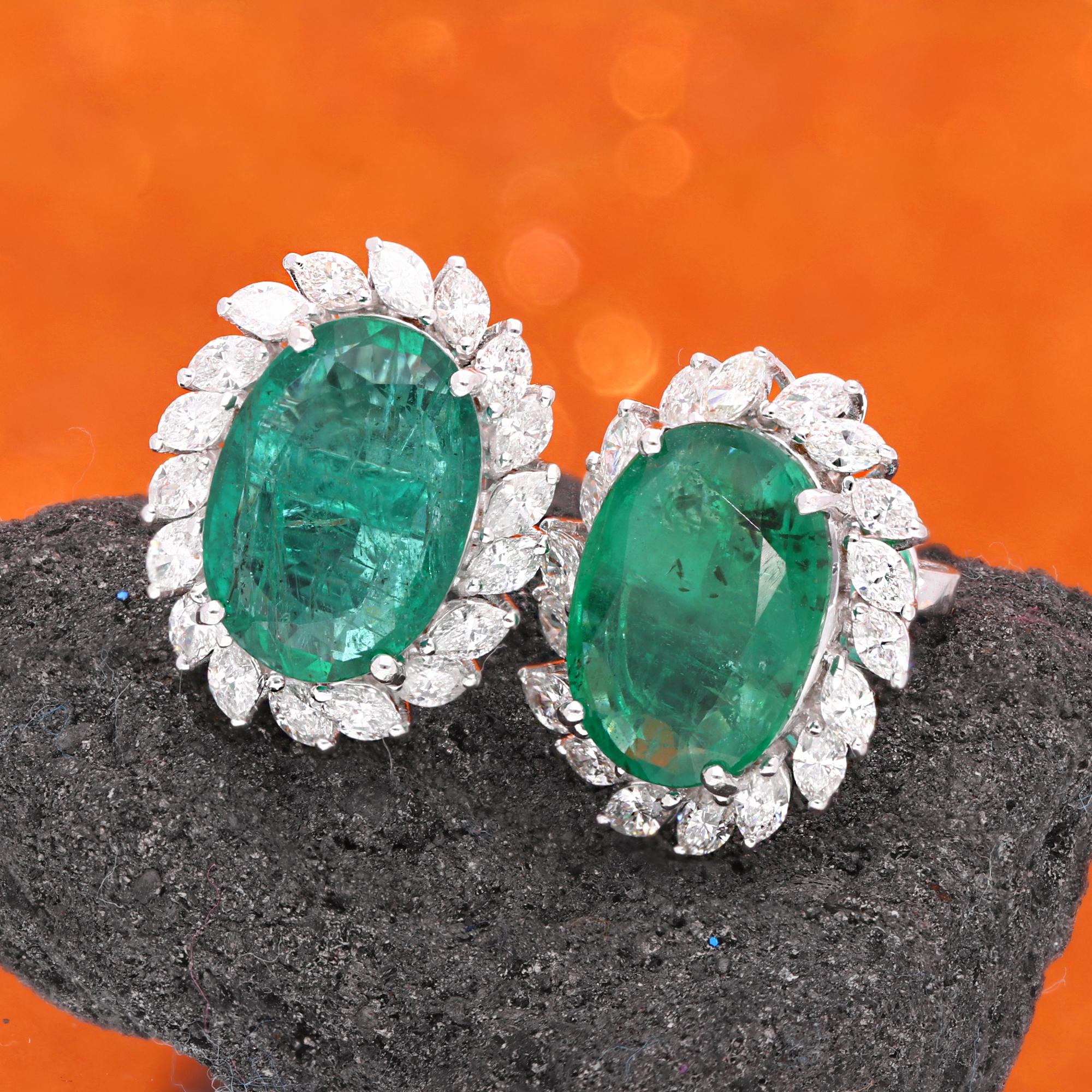 Oval Cut Oval Natural Emerald Gemstone Stud Earrings Marquise Diamond 18 Karat White Gold For Sale