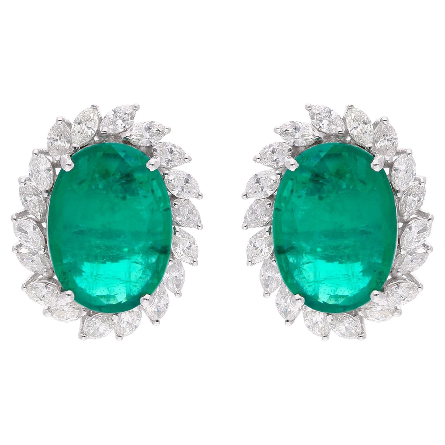 Oval Natural Emerald Gemstone Stud Earrings Marquise Diamond 18 Karat White Gold For Sale