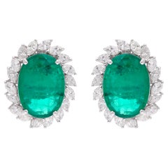 Oval Natural Emerald Gemstone Stud Earrings Marquise Diamond 18 Karat White Gold