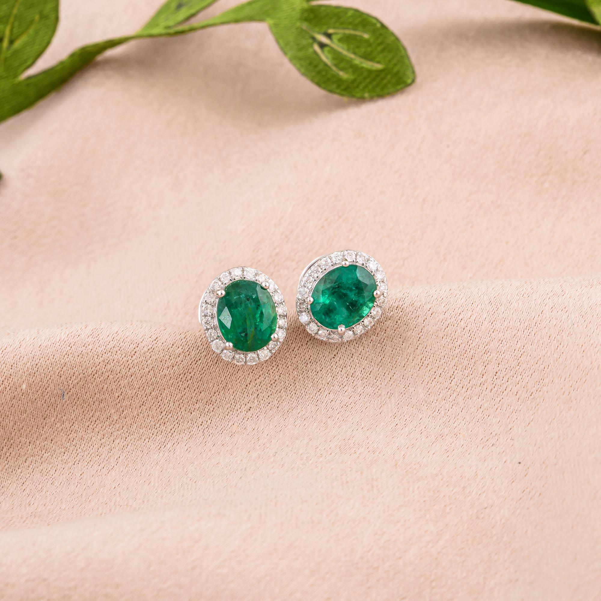 Modern Oval Zambian Emerald Gemstone Stud Earrings SI/H Diamond 18 Karat White Gold For Sale