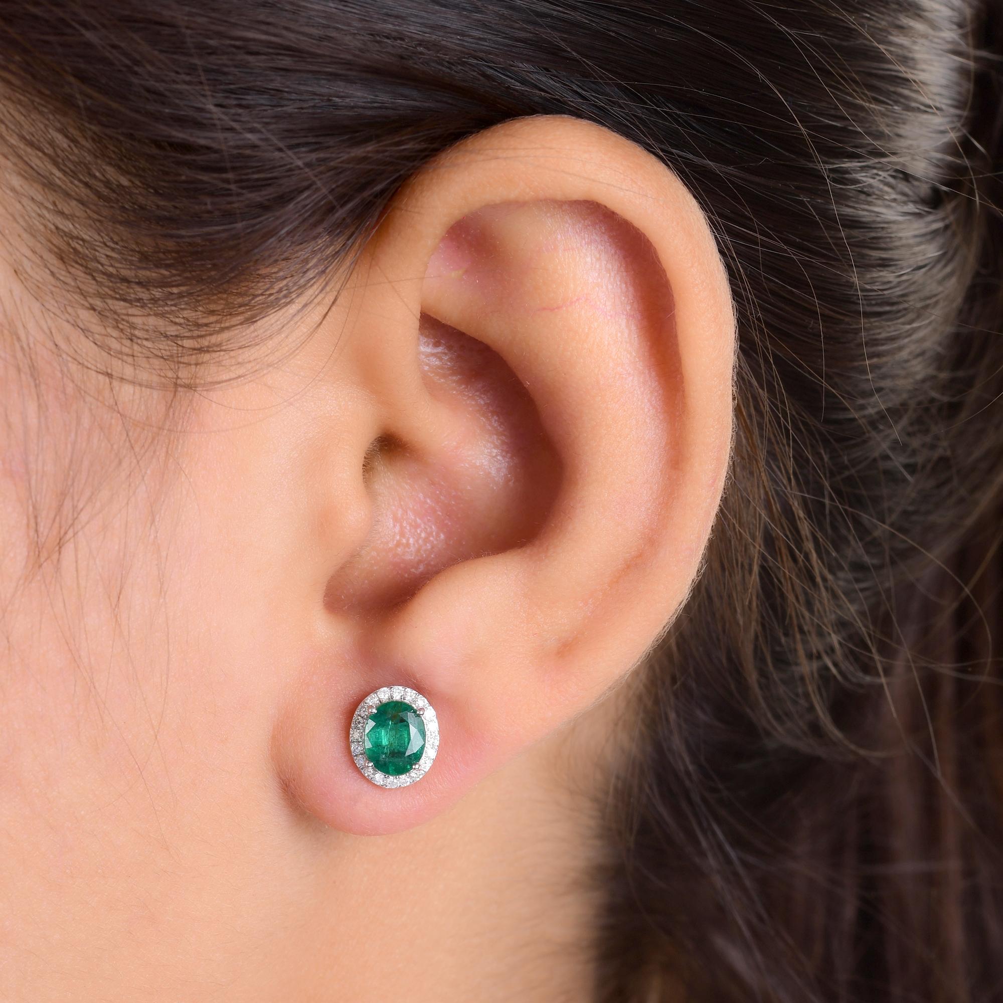 Oval Cut Oval Zambian Emerald Gemstone Stud Earrings SI/H Diamond 18 Karat White Gold For Sale