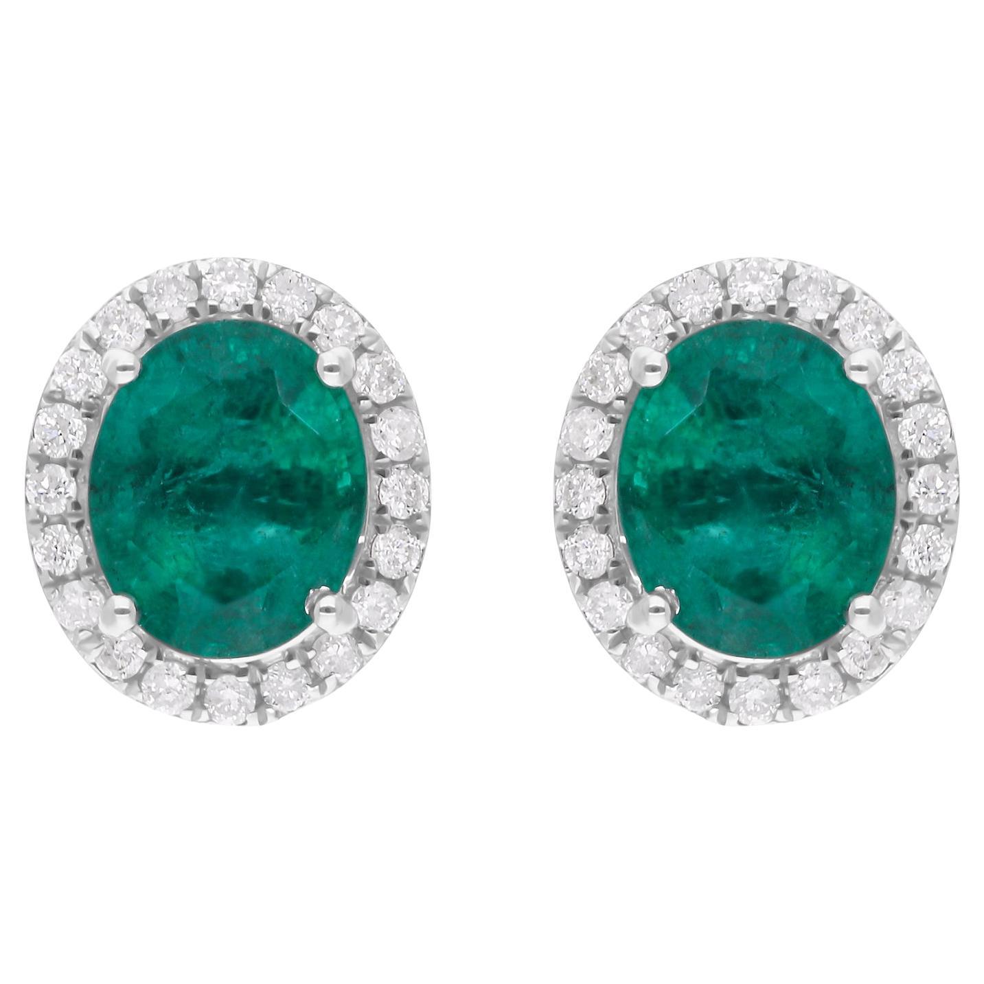 Oval Zambian Emerald Gemstone Stud Earrings SI/H Diamond 18 Karat White Gold For Sale
