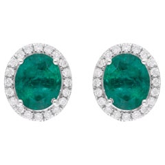 Orecchini ovali con gemma di smeraldo dello Zambia SI/H Diamante Oro bianco 18 carati