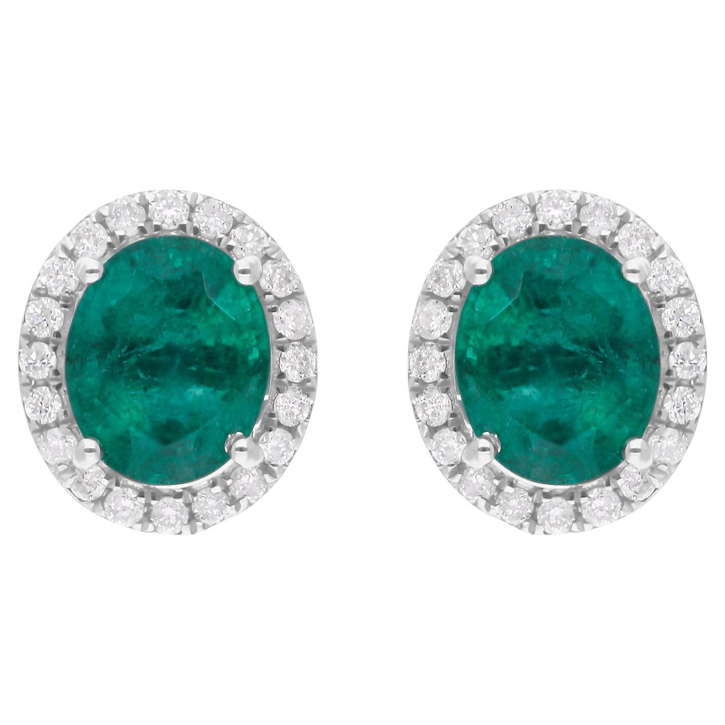 Orecchini ovali con gemma di smeraldo dello Zambia SI/H Diamante Oro bianco 18 carati