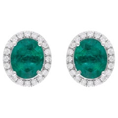 Pendientes Ovalados de Esmeralda de Zambia SI/H Diamante Oro Blanco de 18 Kilates