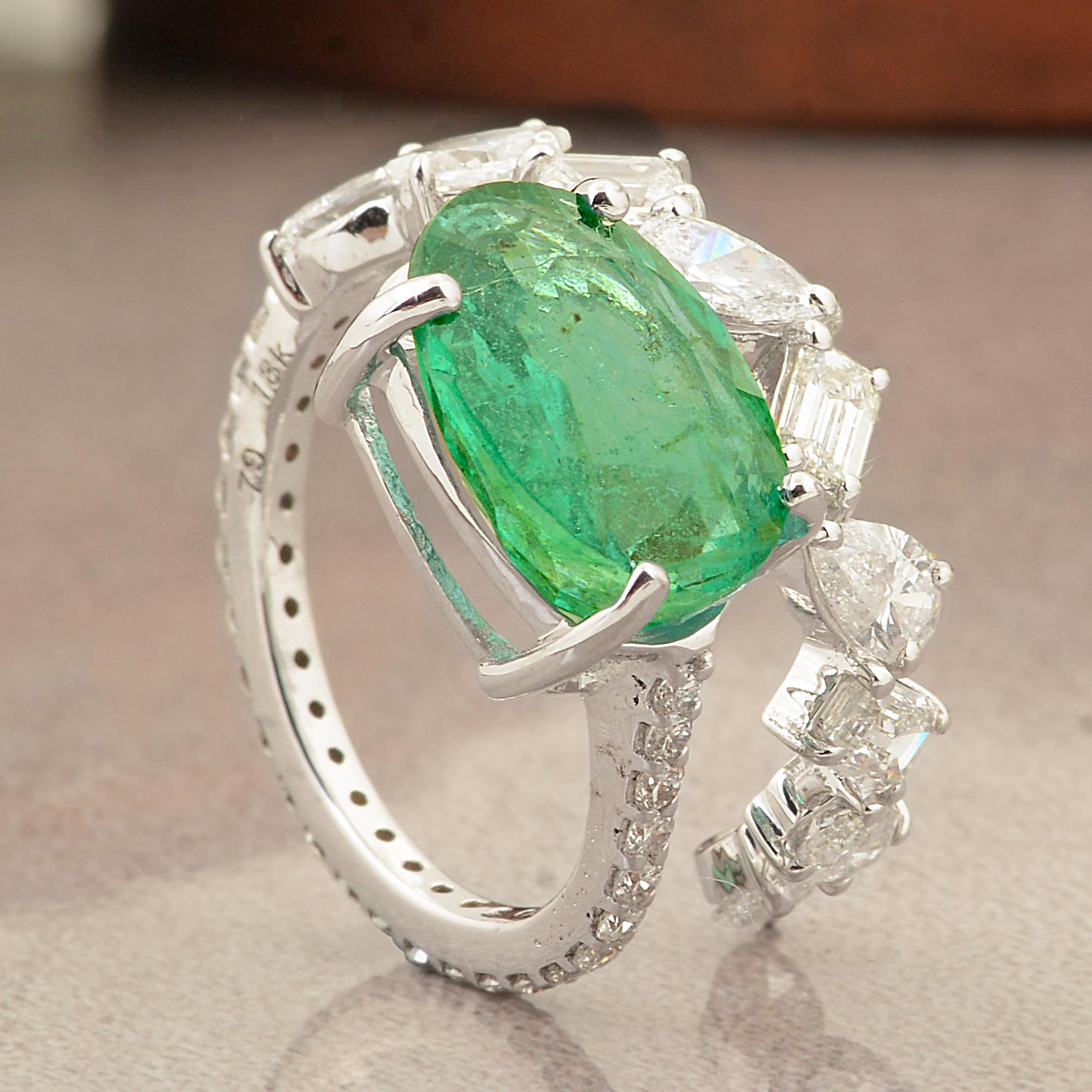 Modern Oval Zambian Emerald Gemstone Wrap Ring Diamond 14 Karat White Gold Fine Jewelry For Sale