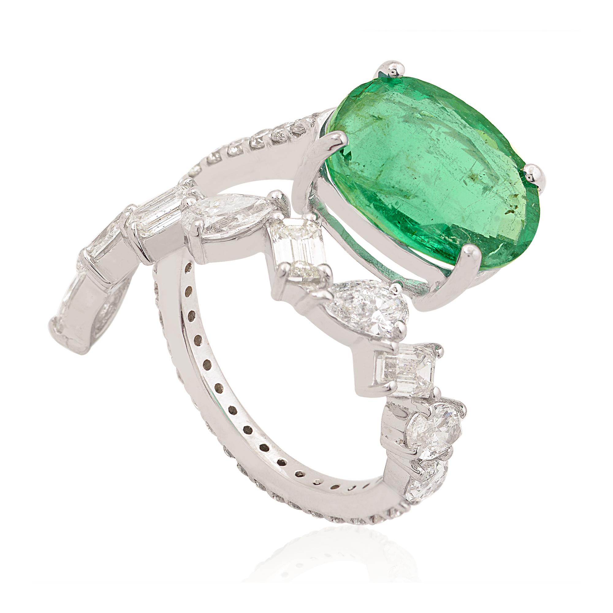 Oval Cut Oval Zambian Emerald Gemstone Wrap Ring Diamond 14 Karat White Gold Fine Jewelry For Sale