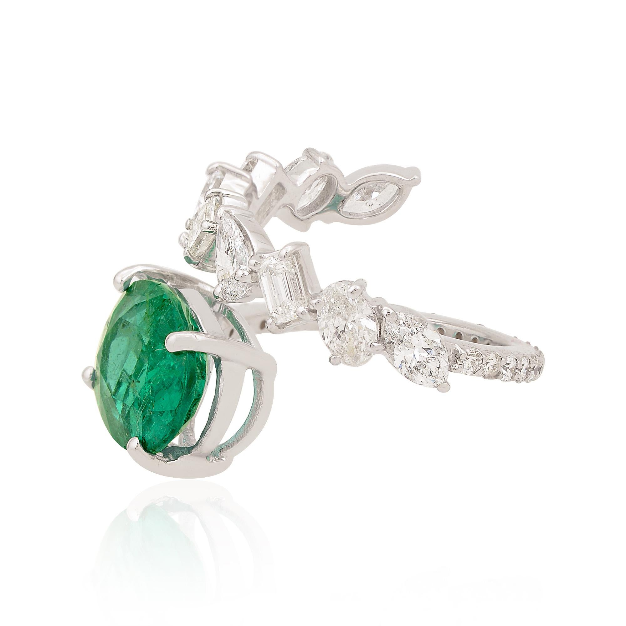 Women's Oval Zambian Emerald Gemstone Wrap Ring Diamond 14 Karat White Gold Fine Jewelry For Sale