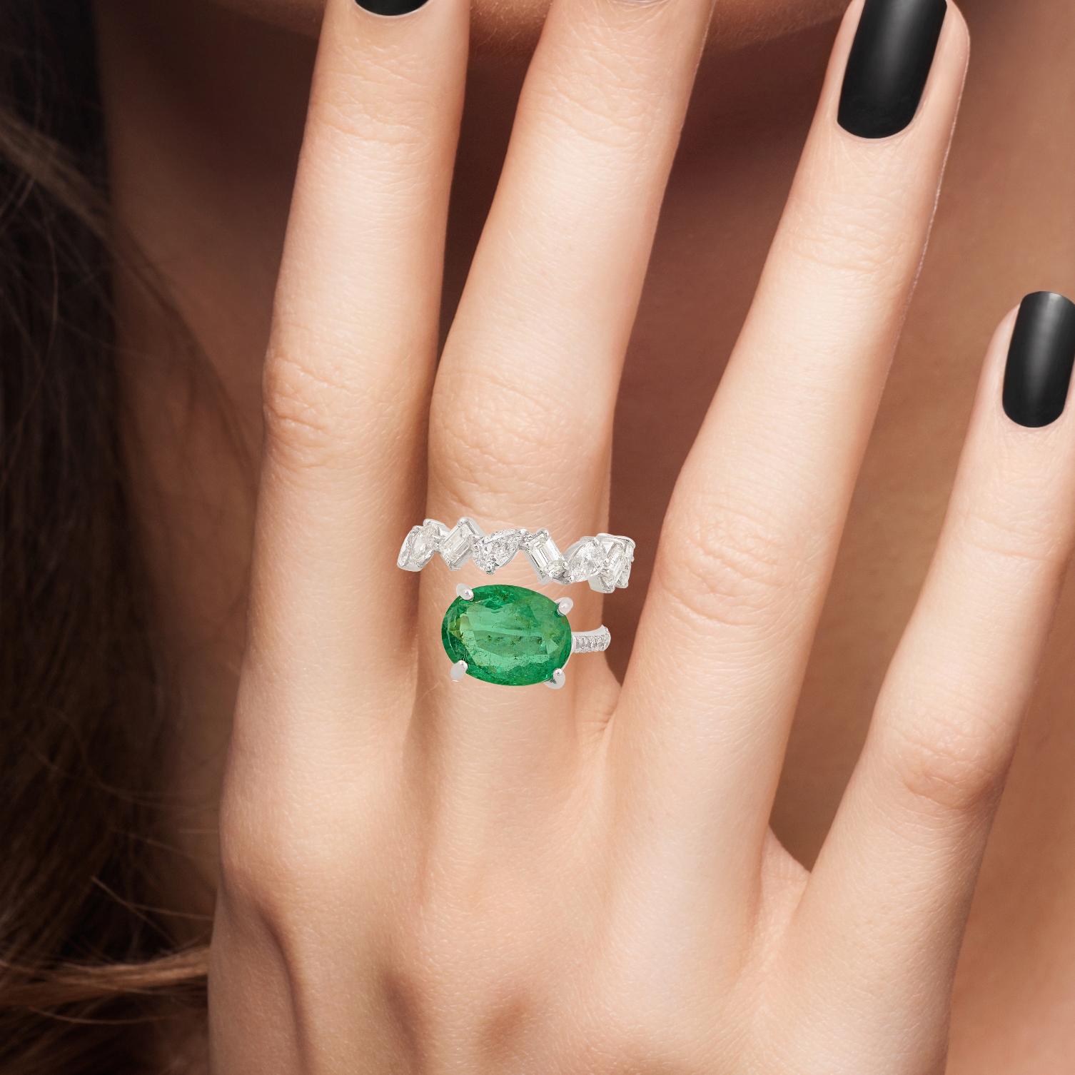 Oval Zambian Emerald Gemstone Wrap Ring Diamond 14 Karat White Gold Fine Jewelry For Sale 1