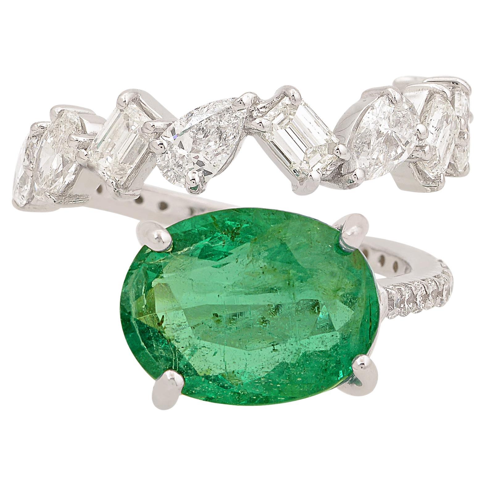 Oval Zambian Emerald Gemstone Wrap Ring Diamond 14 Karat White Gold Fine Jewelry For Sale