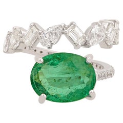 Oval Zambian Emerald Gemstone Wrap Ring Diamond 14 Karat White Gold Fine Jewelry