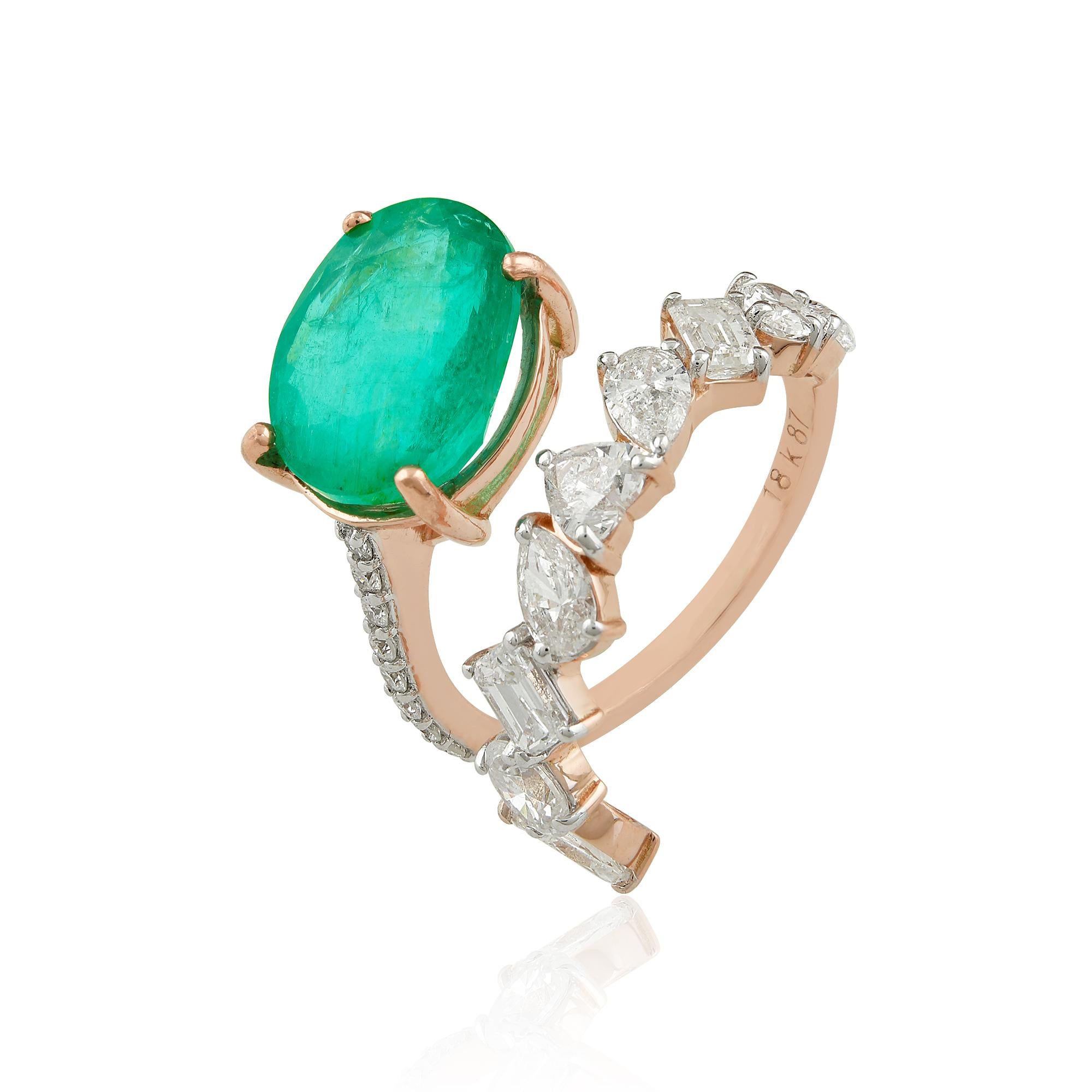 For Sale:  Oval Natural Emerald Gemstone Wrap Ring Diamond 18 Karat Rose Gold Fine Jewelry 3