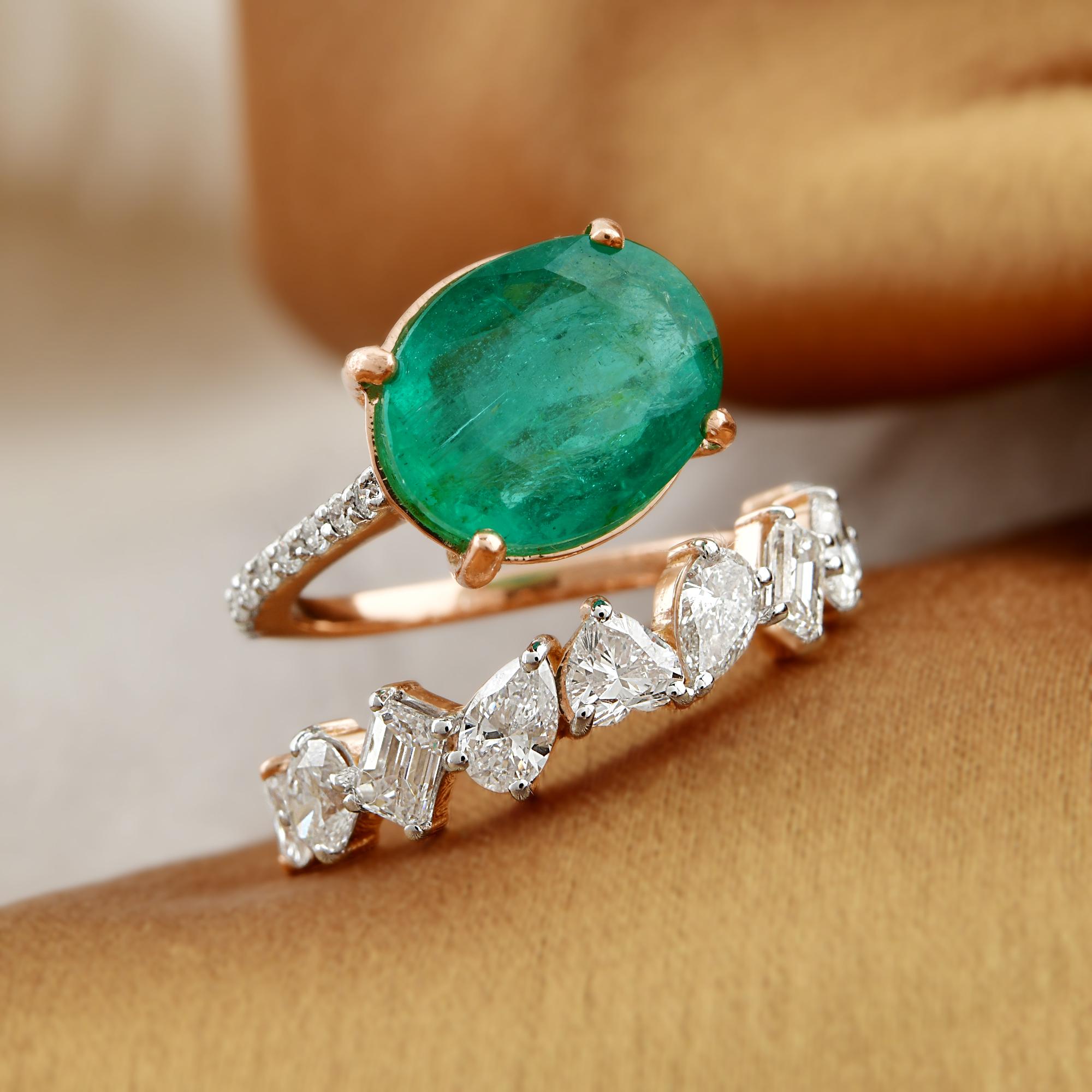 For Sale:  Oval Natural Emerald Gemstone Wrap Ring Diamond 18 Karat Rose Gold Fine Jewelry 4