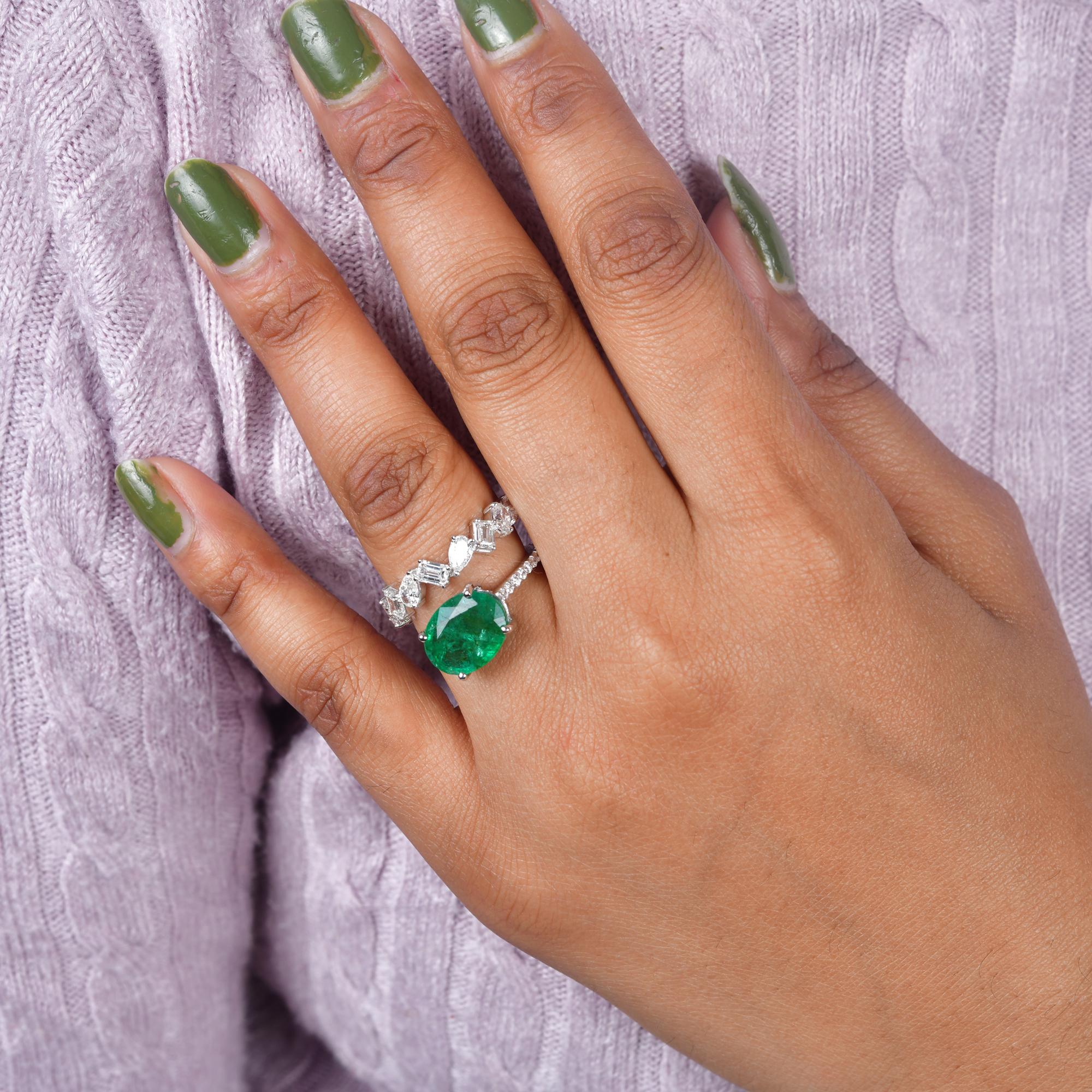 Modern Oval Zambian Emerald Gemstone Wrap Ring Diamond 18 Karat White Gold Fine Jewelry For Sale