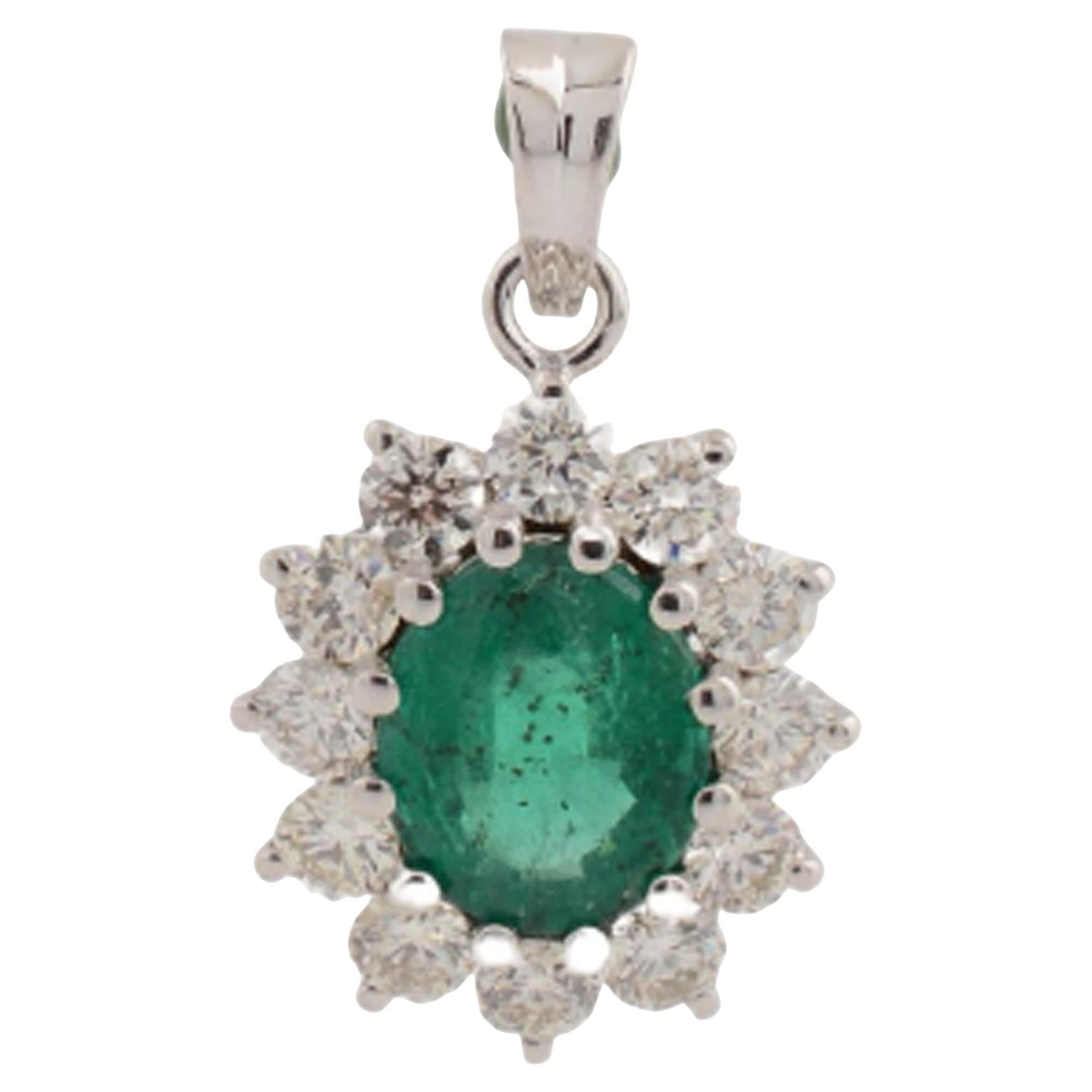 Emeraude ovale de Zambie Pendentif Halo Diamant Or blanc 14 Karat Bijoux
