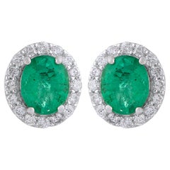 Orecchini ovali di smeraldo dello Zambia con diamante aureolato Regalo Oro bianco massiccio 14 carati
