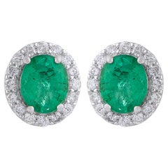 Orecchini ovali di smeraldo dello Zambia con diamante aureolato Regalo Oro bianco massiccio 18 carati