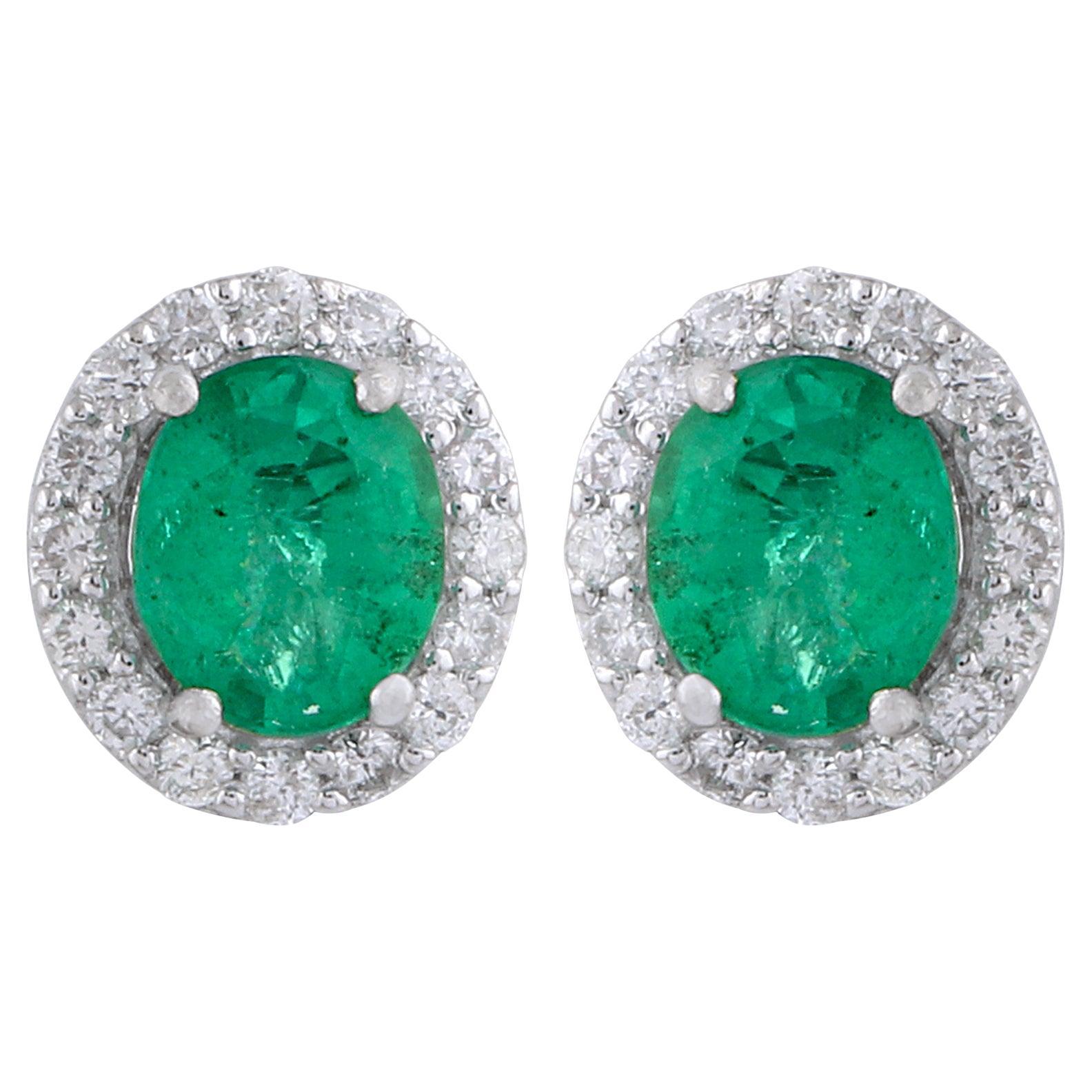 Orecchini ovali di smeraldo dello Zambia con diamante aureolato Regalo Oro bianco massiccio 18 carati