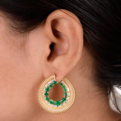 Oval Zambian Emerald Hoop Earrings Baguette Diamond 14 Karat Yellow Gold Jewelry
