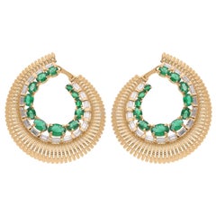Oval Zambian Emerald Hoop Earrings Baguette Diamond 14 Karat Yellow Gold Jewelry