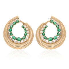 Oval Zambian Emerald Hoop Earrings Baguette Diamond 14 Karat Yellow Gold Jewelry