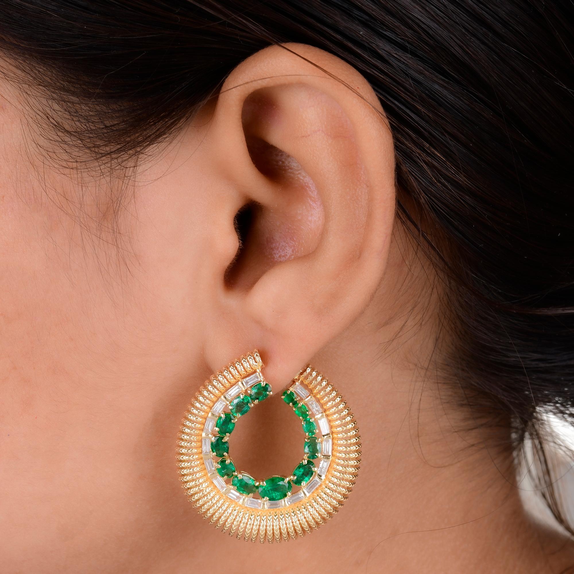 Modern Oval Zambian Emerald Hoop Earrings Baguette Diamond 18 Karat Yellow Gold Jewelry For Sale