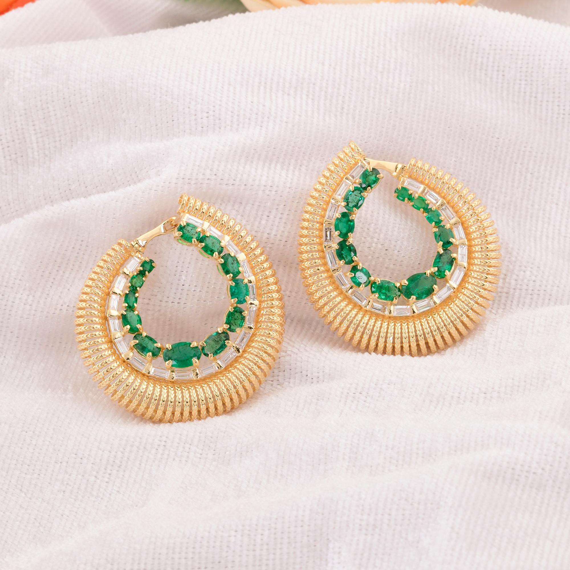 Oval Cut Oval Zambian Emerald Hoop Earrings Baguette Diamond 18 Karat Yellow Gold Jewelry For Sale
