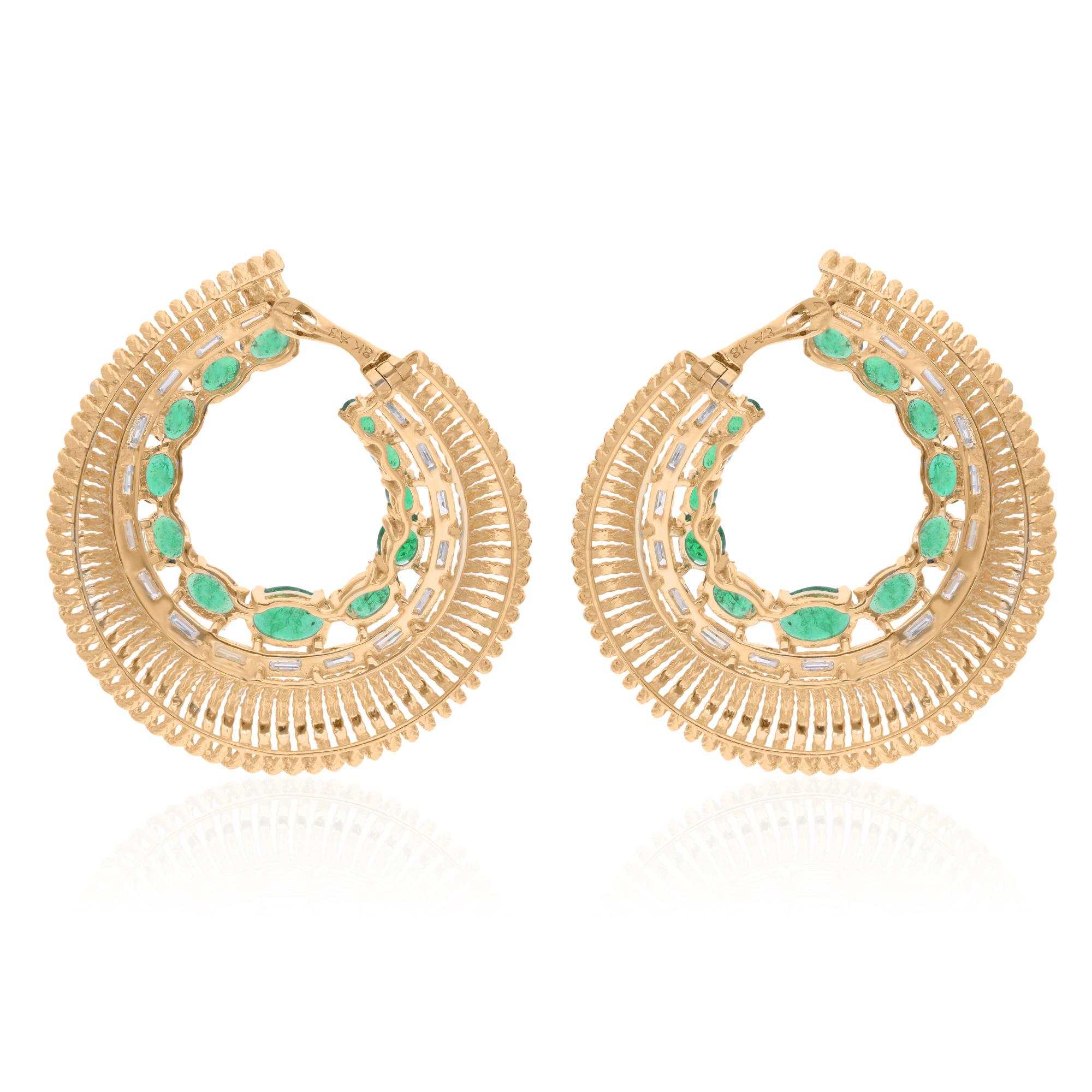 Women's Oval Zambian Emerald Hoop Earrings Baguette Diamond 18 Karat Yellow Gold Jewelry For Sale